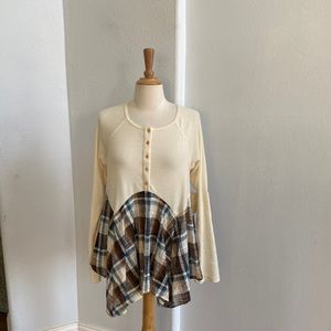 Altar’d State Cream Boho Knit Plaid Blouse Top Size L